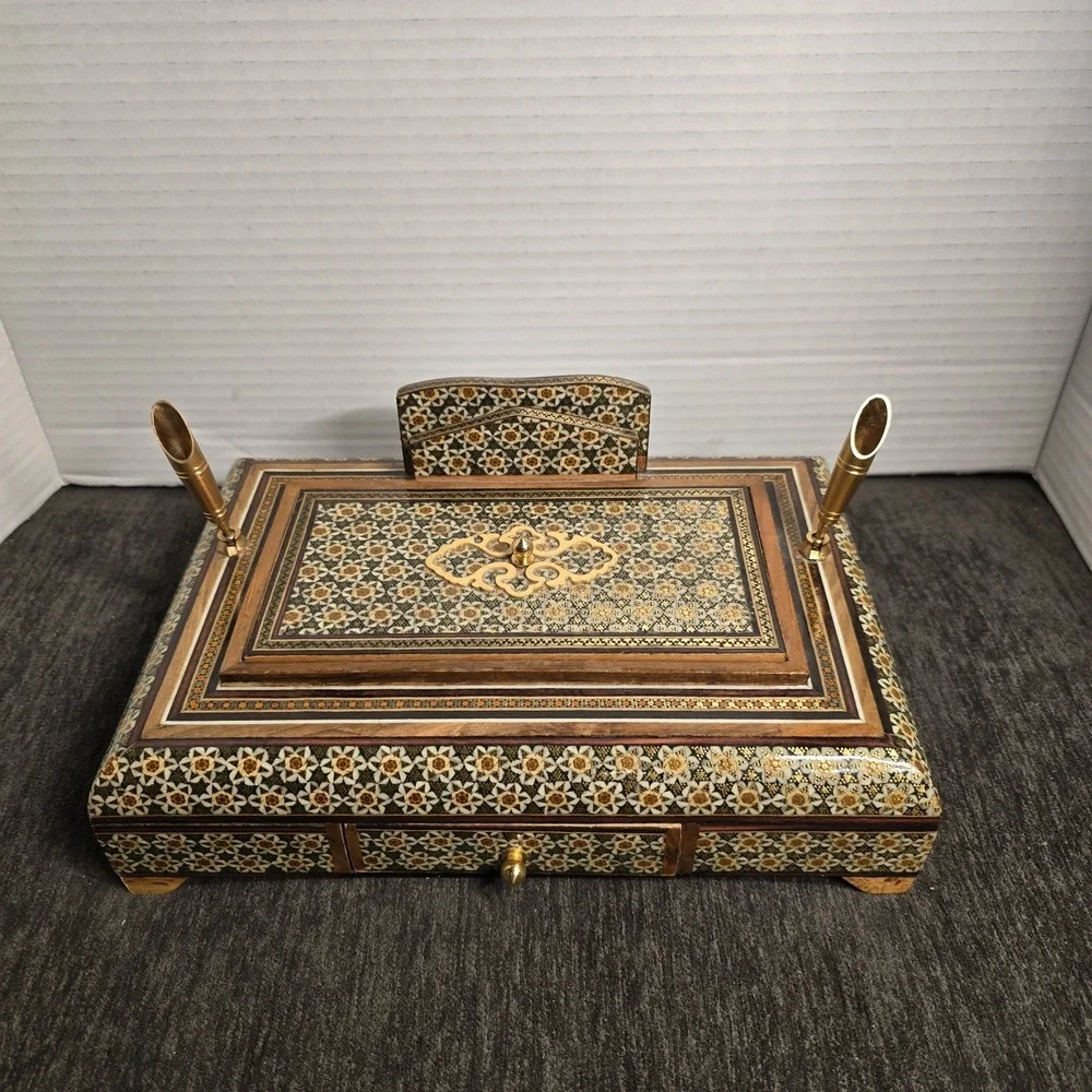 Handcrafted Inlay Desk Organizer Persian Khatam Marquetry Pen Card Holder Box